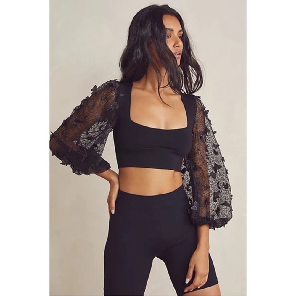 Black Sheer Puff-Sleeve Crop Top - Unbranded